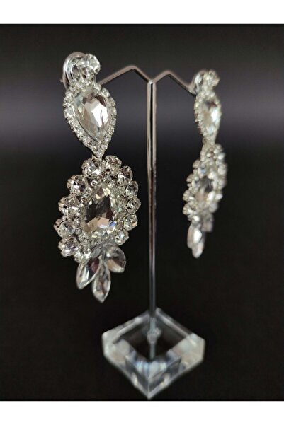 Hobigram Küpe Çeşitleri Beyaz Kristal Taşlı Kına Düğün Gelin Küpesi – Bijuteri Küpe, Şık Tasarım – Bijuteri