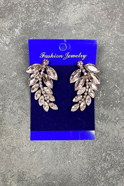 Hobigram Küpe Çeşitleri Pembe Yaprak Desen Ela Abiye Taşlı Gelin Küpesi – Bijuteri Küpe, Şık Tasarım – Bijut