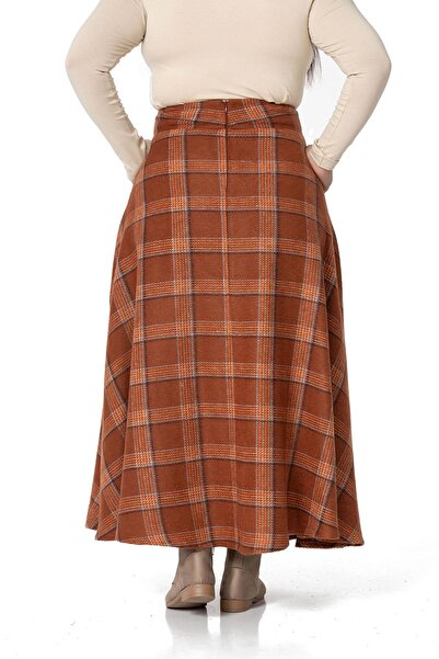 DISENTIS MODEST Large Size Waist Detailed Pocket Zippered Bell Plaid Cinnamon Long Skirt