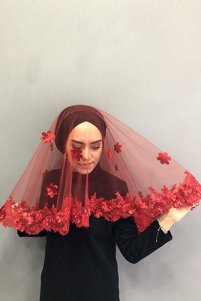 Hobigram Bridal Accessory Red Flower Embroidered Bridal Veil Henna Face Cover – Bridal Accessory, Stylish Design