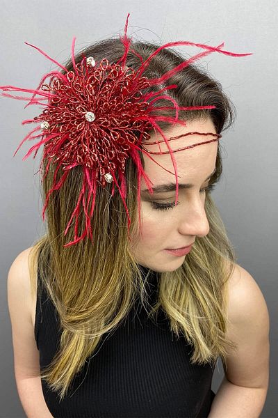 Hobigram Bridal Accessory Red Enzey Feathered Beaded Bridal Hair and Turban Accessory – Bridal Accessory – Geli