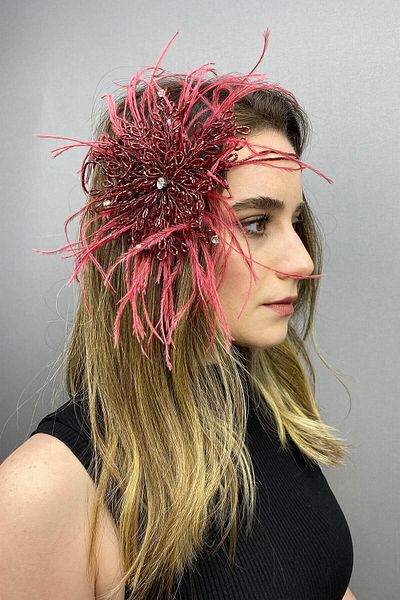 Hobigram Bridal Accessory Burgundy Enzey Feathered Beaded Bridal Hair and Turban Accessory – Bridal Accessory – Bridal
