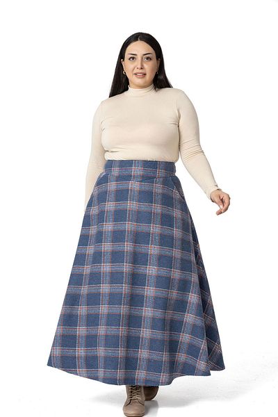 DISENTIS MODEST Large Size Waist Detailed Pocket Zippered Bell Plaid Indigo Long Skirt