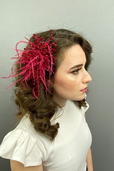 Hobigram Bridal Accessory Burgundy Crystal Beaded and Feathered Hair Accessory – Bridal Accessory, Stylish Design – Geli