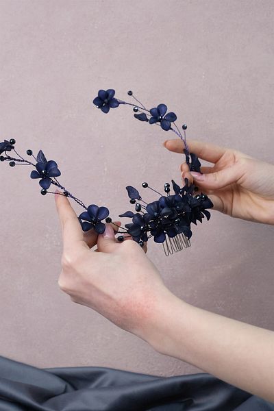 Hobigram Bridal Accessory Navy Blue Mila Flower Branch Motif Bridal Henna Crown – Bridal Accessory, Stylish Design – Ge