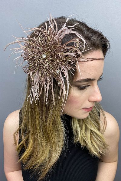 Hobigram Bridal Accessory Dusty Rose Enzey Feathered Beaded Bridal Hair and Turban Accessory – Bridal Accessory – g