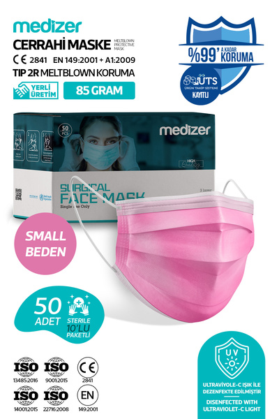 Medizer Meltblown Small Beden Yetişkin Pembe Cerrahi Maske 50 Adet - Telli