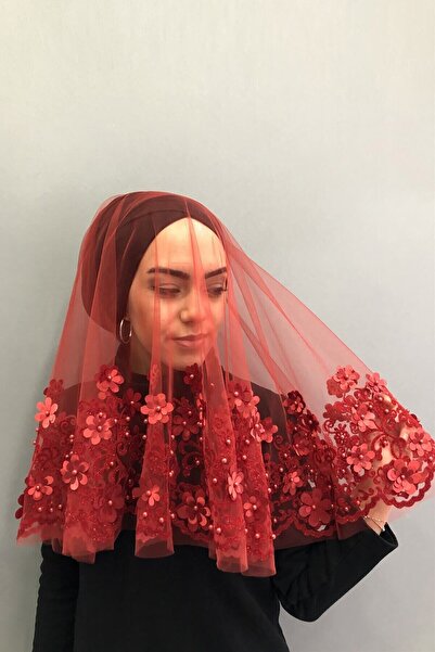 Hobigram Düğün Malzemesi Kırmızı Kalın Çiçek Işlemeli Gelin Duvağı Kına Yüz Ö...