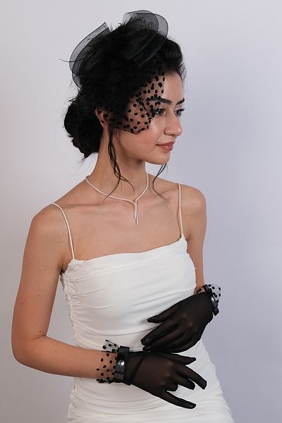 Hobigram Wedding Wedding Product Black Short Bridal Gloves and Polka Dot Bridal Cap – Gloves, Stylish Design