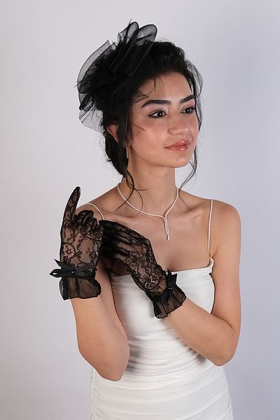 Hobigram Wedding Wedding Product Black Ribbon Detailed Costume Gloves and Wedding Cap Set – Gloves, Stylish Design