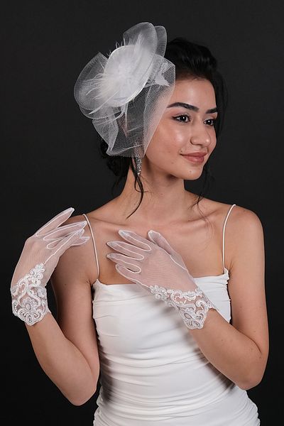 Hobigram Wedding Wedding Product Embroidery Detailed Bridal Gloves and Bridal Cap Set – Gloves, Stylish Design
