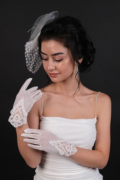 Hobigram Wedding Wedding Product Polka Dot Bridal Wedding Hat and Lace Bridal Gloves – Gloves, Stylish Design