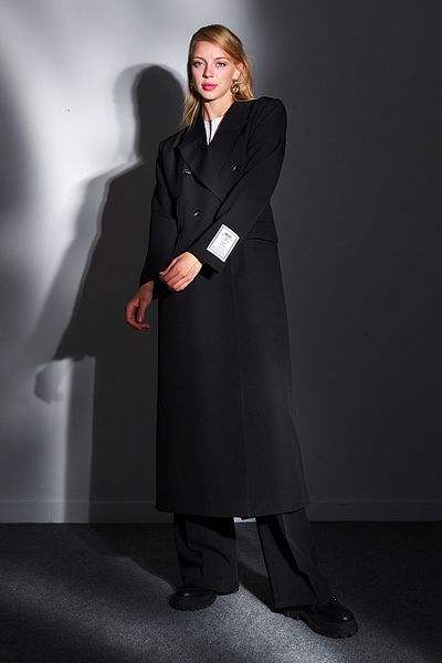 Ortaya Çık Black Premium Double Breasted Collar Long Trench Jacket