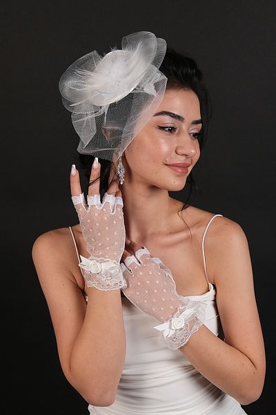 Hobigram Wedding Wedding Product Half Rose Detailed Bridal Gloves and Bridal Wedding Hat Set – Gloves, Stylish Design