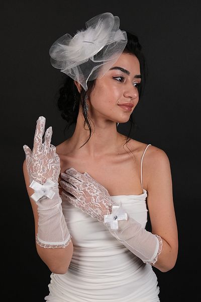 Hobigram Wedding Wedding Product White Feather Ribbon Detailed Bridal Gloves and Wedding Toilet – Gloves, Stylish Design
