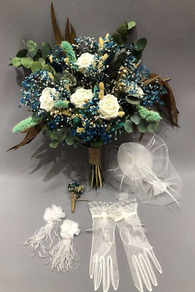 Hobigram En Güzel Gelinlere Yeşil Ve Mavi Karışımlı Kuru Çiçekli Yatay Gelin ...