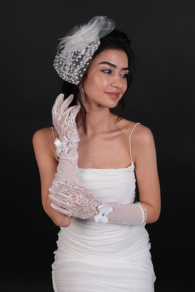 Hobigram Wedding Wedding Product White Polka Dot Bridal Cap and Feather Ribbon Detailed Wedding Gloves