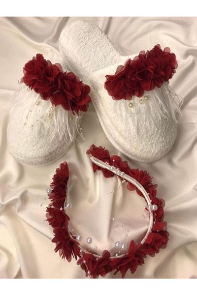 Hobigram Lohsa Sets White Pearl Burgundy Flower Decorated Maternity Slippers Crown Set – Maternity Set, Stylish Design