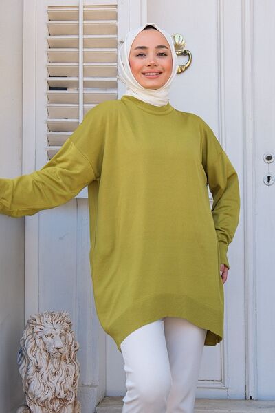 LOCCO Oil Green Oversize Knitwear Women's Sweater - Crew Neck