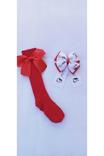 Sare Çocuk Giyim Atatürk Pattern Buckle Girls Red Knee Socks Set