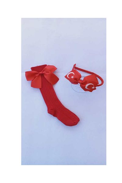 Sare Çocuk Giyim Комплект чорапи до коляното за момиче с червени детайли и полумесец и звезда