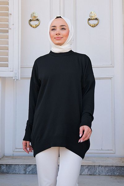 LOCCO Black Oversize Knitwear Women's Sweater - Crew Neck