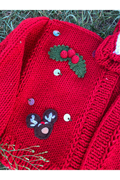 ORGANICMIRA Yılbaşı Crop Hırka ve Şapka Takım Kırmızı Yeni Yıl Ceket Merry Christmas Hoodie Özel Tasarım Chunky