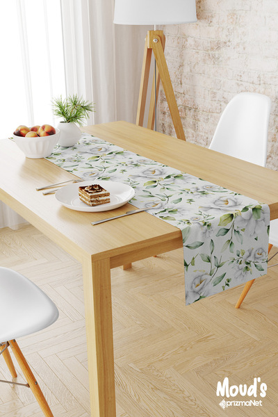 Moud's مفرش طاولة عداء من جلد الغزال مطبوع بنمط الورد الأبيض والأخضر