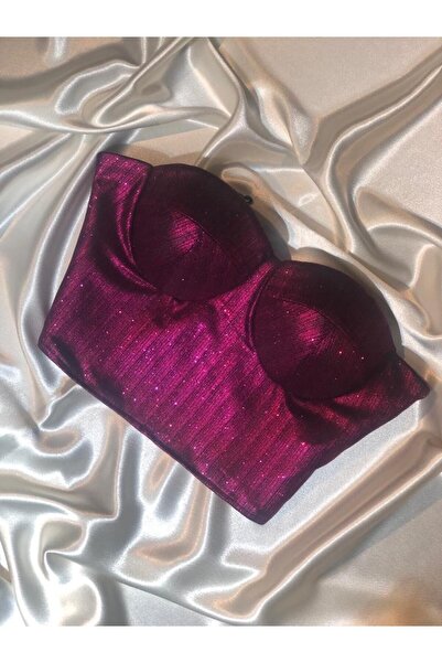 Miss Monalisa Moda Fuşya Pembe Crop Simli Astarlı Dokuma Korse Detaylı Büstiyer