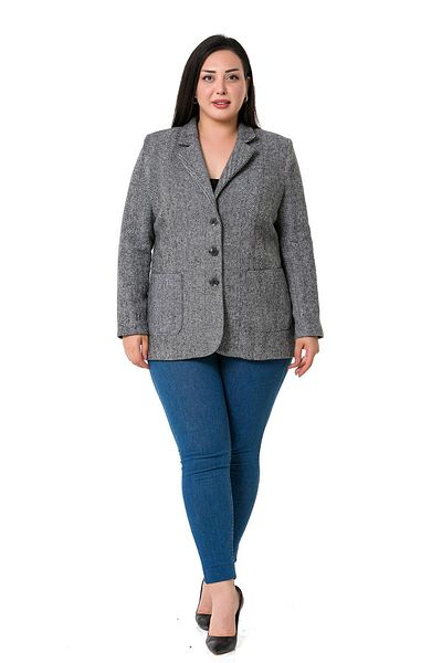 DISENTIS MODEST Large Size Pocketed Herringbone Blazer Lined Ecru Jacket