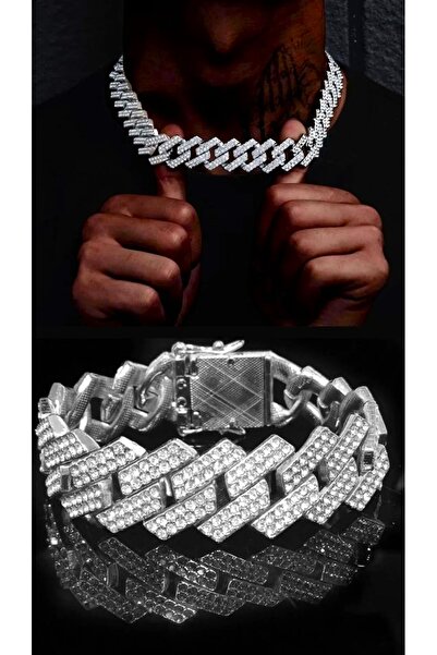 Elmas Dizayn 20 Mm En 56 Cm Uzun Kalın Chain,gurme,ıce Cuba, Sılver Kolye Ve 20 Mm Chain Bileklik Set