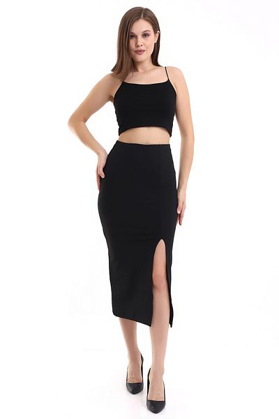 Winmoda34 Fustă midi neagră cu talie înaltă cu fante laterale