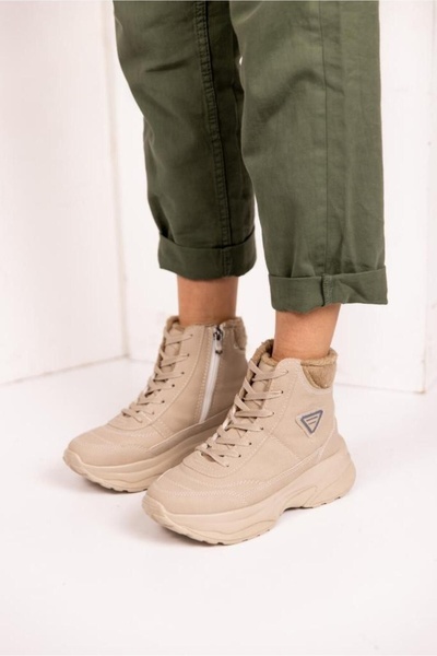 Amanal Süper Hafif Yünlü Bej Kadın Yüksek Taban Bot Kışlık Fermuarlı