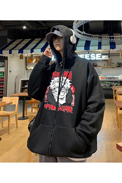 Violon سترة بغطاء للرأس مطبوعة بملصق Jujutsu Kaisen كبيرة الحجم بسحاب أسود لل...