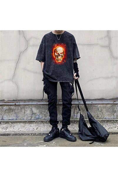 Violon Tricou unisex cu craniu flăcărat, lavabil și cu aspect vintage