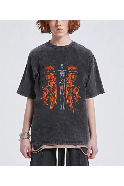 Violon Perivi plamteći skelet Štampano Unisex Oversize kroj Vintage brušeni T...