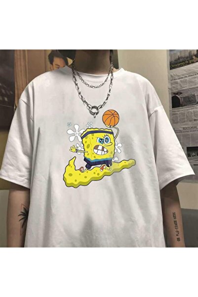 Violon تي شيرت سبونج بوب سكوير شورت أبيض مطبوع للجنسين مقاس كبير