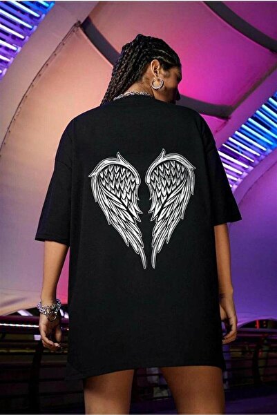 Violon تي شيرت أسود كبير الحجم مطبوع عليه هيكل عظمي للجناح للجنسين