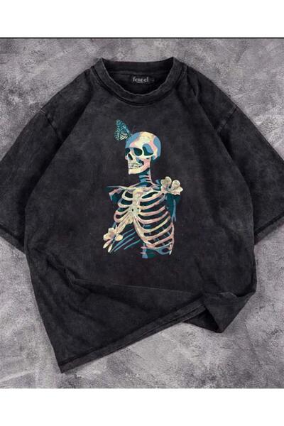 Violon Πλενόμενο μπλουζάκι Unisex Vintage με σχέδιο Skull Butterfly