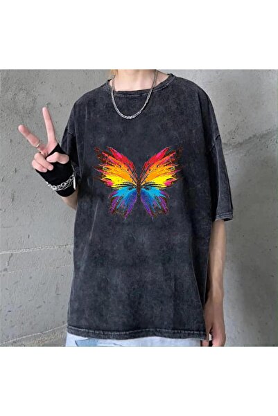Violon تيشيرت عتيق للجنسين من قوس قزح الفراشة مع غسيل
