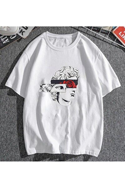 Violon Statue Rose Printed White Unisex Oversize T-shirt