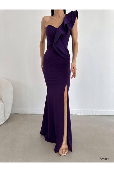 Secret Passion Lingerie One-Shoulder Detailed Flexible Crepe Fabric Purple Long Evening Dress Wedding Dress 024