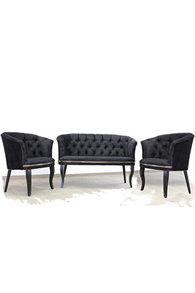 Mert Concept Milano Düğmeli Papatya Çay Seti Koltuk Takımı Siyah Kafe Otel Ofis