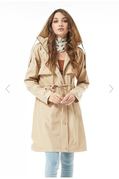 Alegante Women's Zippered Waist Gathered Wide Fit Hooded Milk Brown Trench Coat