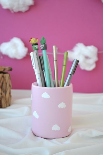 Bİ DOLU DÜKKAN Pink Cloudy Pen and Makeup Brush Holder - Desktop Organizer (Round)