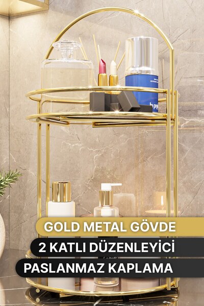 Bino Banyo Düzenleyici 2 Katlı 40 CM Gold Lüks Düzenleyici Organizer Banyo Rafı Şampuanlık Dekoratif