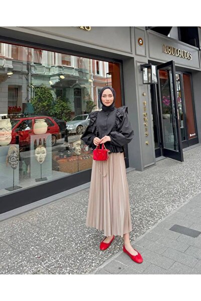 pamuckdesign Pliseli Saten Görünümlü Uzun Etek