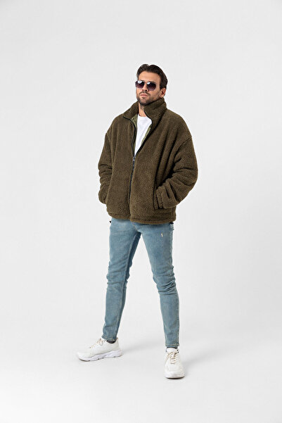 SOEC Erkek Teddy Kumaş Haki Fermuarlı Astarlı Oversize Mont