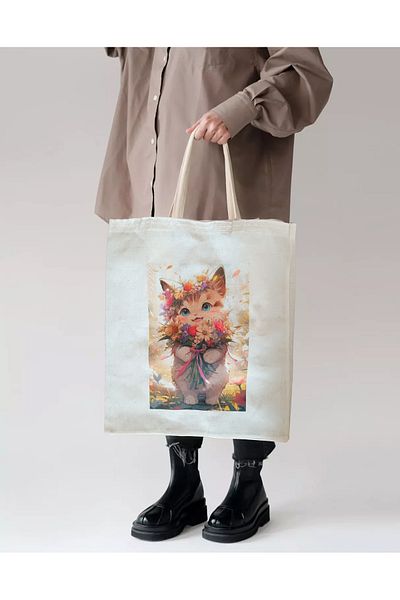 Zimsah Geantă din pânză brută imprimată Flower Cat