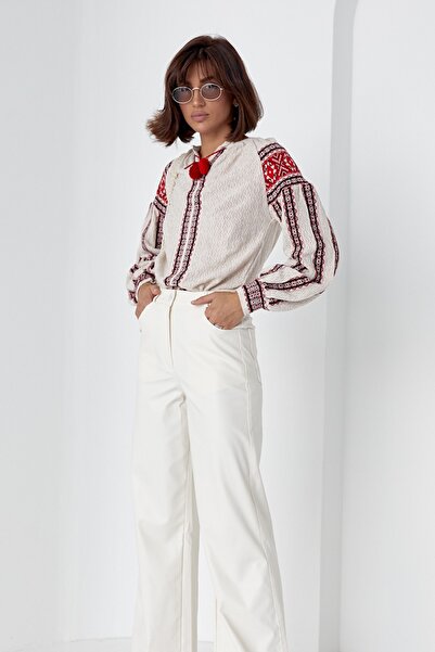 FEMELLE Női V-nyakú New Season kötött bojtos pamutblúz